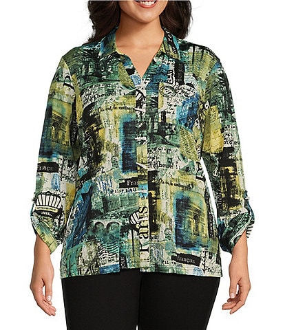 Ali Miles Plus Size Printed Knit Jacquard Point Collar Neckline 3/4 Sleeve Tunic
