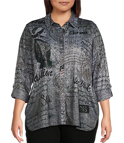 Ali Miles Plus Size Printed Knit Point Collar Long Roll-Tab Sleeve Button Front Tunic