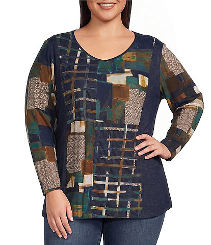 Ali Miles Plus Size Printed Knit V-Neck Long Sleeve Pullover Top