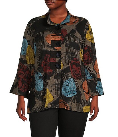 Ali Miles Plus Size Printed Knit Wire Collar 3/4 Cuffed Sleeve Button Front Tunic