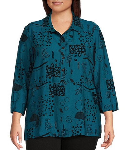 Ali Miles Plus Size Abstract Printed Point Collar 3/4 Sleeve Button Down Top