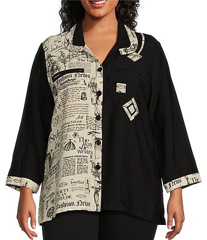 Ali Miles Plus Size Printed Point Collar 3/4 Sleeve Button Down Top