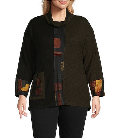 Ali Miles Plus Size Printed Ribbed Textured Knit Cowl Neck Long Sleeve Patch Pocket Tunic