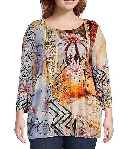 Ali Miles Plus Size Printed Stretch Knit Round Neck 3/4 Sleeve Tunic