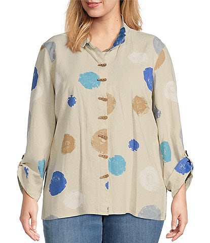 Ali Miles Plus Size Printed Woven Collar Neck 3/4 Sleeve Button Front Tunic