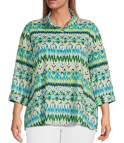 Ali Miles Plus Size Printed Woven Point Collar Neck 3/4 Sleeve Button Front Tunic