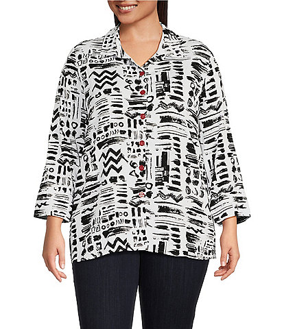 Ali Miles Plus Size Printed Woven Wire Collar 3/4 Bell Sleeve Button-Front Tunic