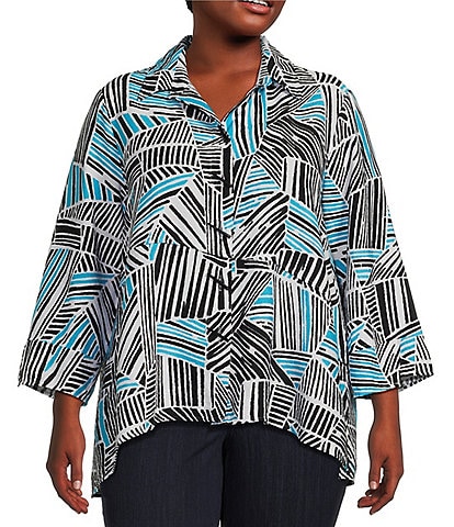 Ali Miles Plus Size Printed Woven Wire Collar 3/4 Sleeve Asymmetric Hem Button-Front Tunic
