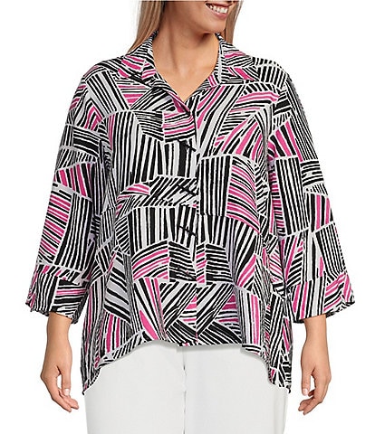 Ali Miles Plus Size Printed Woven Wire Collar 3/4 Sleeve Asymmetric Hem Button-Front Tunic