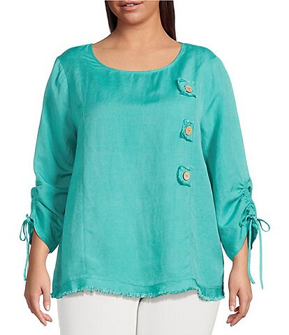Ali Miles Plus Size Round Neck 3/4 Cinched Tie Sleeve Tunic