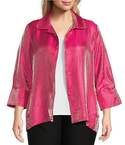 Ali Miles Plus Size Shimmer Woven Round Collar 3/4 Sleeve Button-Front Jacket