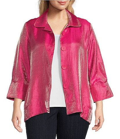 Ali Miles Plus Size Shimmer Woven Round Collar 3/4 Sleeve Button-Front Jacket
