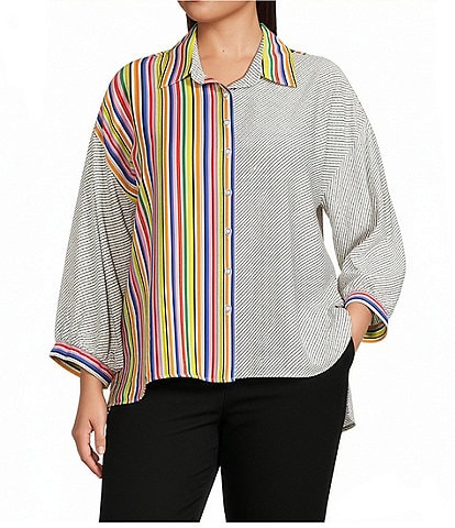 Ali Miles Plus Size Solid Multi Stripe Point Collar 3/4 Cuffed Sleeve High-Low Hem Button-Front Shirt