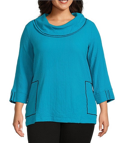 Ali Miles Plus Size Solid Pucker Knit Cowl Neck 3/4 Sleeve Patch Pocket Tunic