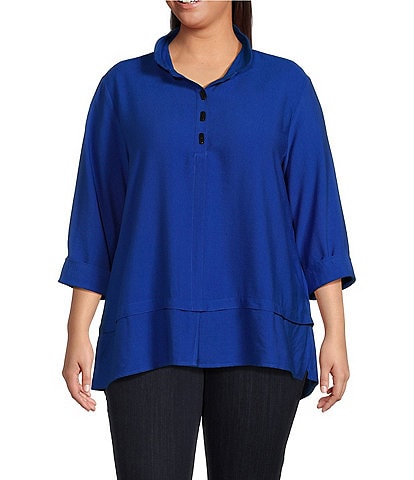 Ali Miles Plus Size Solid Woven Point Collar 3/4 Roll-Tab Sleeve Blouse