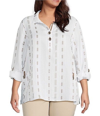 Ali Miles Plus Size Stripe Dotted Geometric Wire Collar 3/4 Roll-Tab Sleeve Tunic