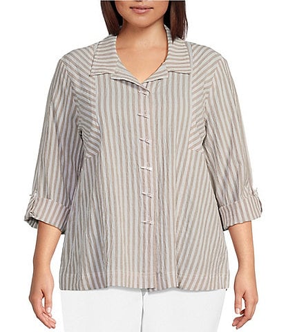 Ali Miles Plus Size Tarn-Dye Stripe Woven Point Collar 3/4 Sleeve Shirttail Hem Button-Front Tunic