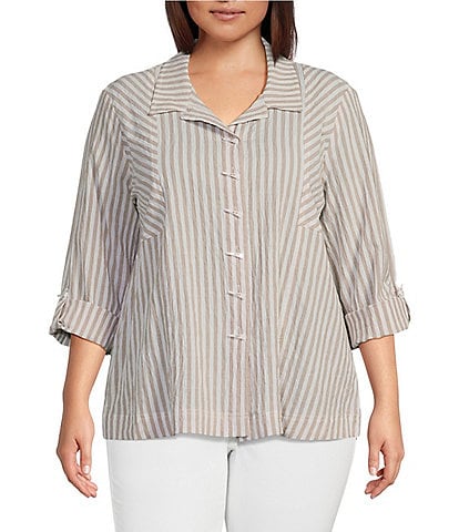 Ali Miles Plus Size Tarn-Dye Stripe Woven Point Collar 3/4 Sleeve Shirttail Hem Button-Front Tunic