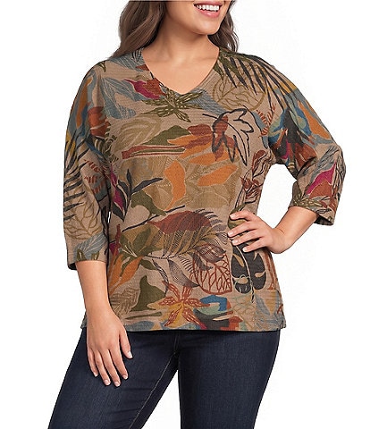 Ali Miles Plus Size Textured Knit Floral Multi Print V-Neck 3/4 Sleeve Pullover Top
