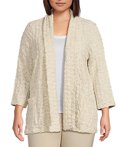 Ali Miles Plus Size Textured Knit Shawl Collar 3/4 Sleeve Open-Front Kimono