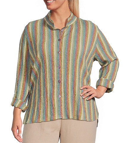 Ali Miles Plus Size Textured Knit Yarn-Dye Stripe Point Collar 3/4 Roll Tab Sleeve Button Front Shirt