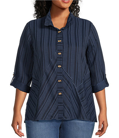 Ali Miles Plus Size Textured Tonal Striped Print Wire Collar Roll-Tab Sleeve Button Front Woven Tunic