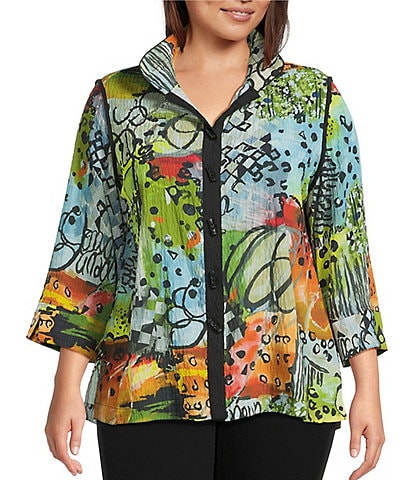 Ali Miles Plus Size Textured Woven Abstract Multi Print Wire Collar 3/4 Sleeve Button-Front Tunic