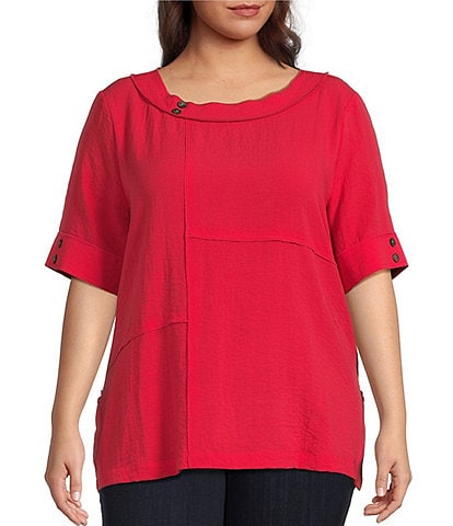 Ali Miles Plus Size Textured Woven Contrast Stitch Round Neck 3/4 Sleeve Tunic