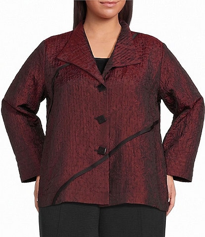 Ali Miles Plus Size Textured Woven Jacquard Point Collar Long Sleeve Button Front Jacket
