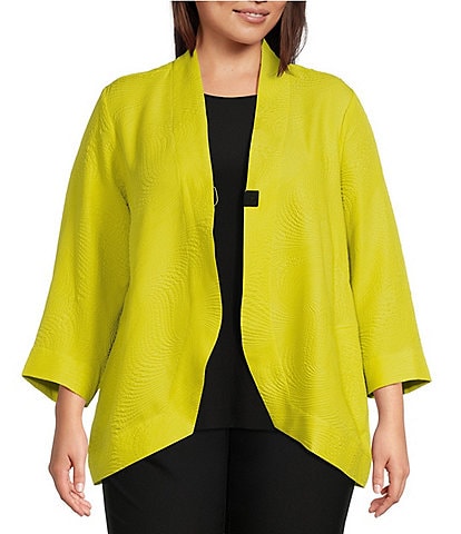 Ali Miles Plus Size Textured Woven Stand Collar 3/4 Sleeve Pocketed Asymmetric Hem One Button-Front Jacket