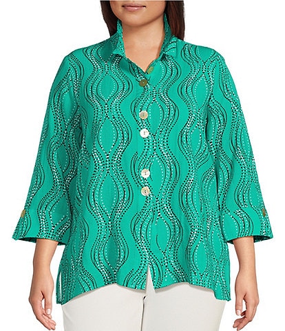 Ali Miles Plus Size Wavy Dotted Lines Wire Collar Cuffed Sleeve Button-Front Tunic