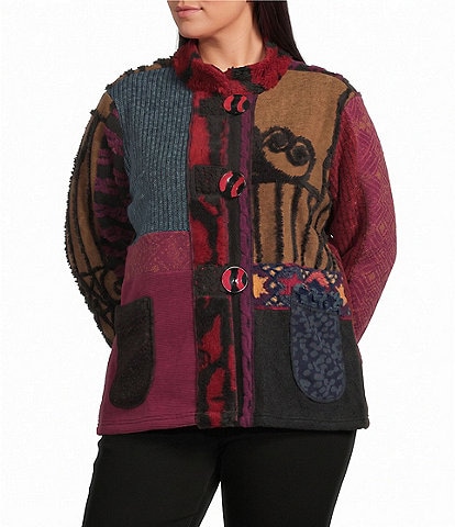Ali Miles Plus Size Woven Abstract Mix Media Stand Collar Long Sleeve Button-Front Jacket