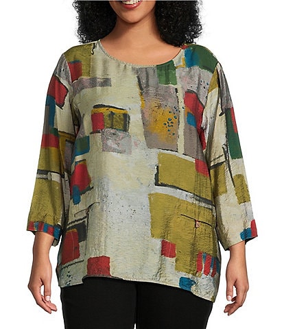 Ali Miles Plus Size Woven Abstract Multi Print Round Neck 3/4 Sleeve Hi-Low Hem Tunic