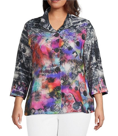 Ali Miles Plus Size Woven Abstract Multi Wire Collar 3/4 Sleeve Button-Front Jacket