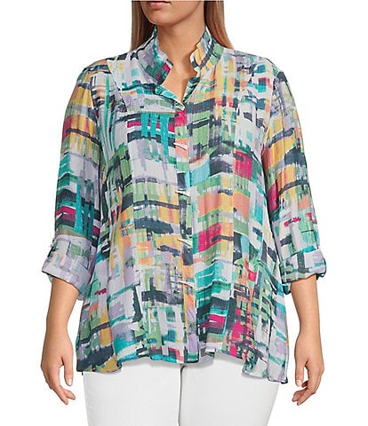 Ali Miles Plus Size Woven Abstract Print Wire Collar 3/4 Roll-Tab Sleeve Button-Front Tunic