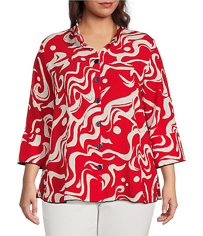 Ali Miles Plus Size Woven Abstract Print Y-Neck 3/4 Bell Cuffed Sleeve Button Front Tunic
