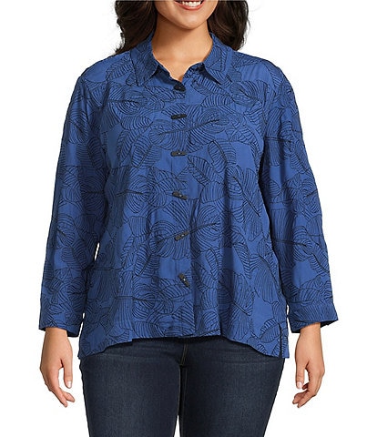 Ali Miles Plus Size Woven Allover Floral Embroidered Point Collar Long Sleeve Button Front Tunic