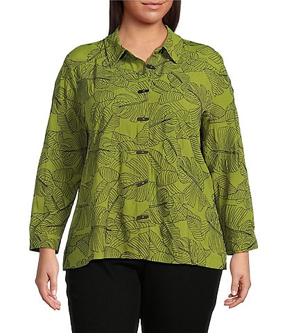 Ali Miles Plus Size Woven Allover Floral Embroidered Point Collar Long Sleeve Button Front Tunic