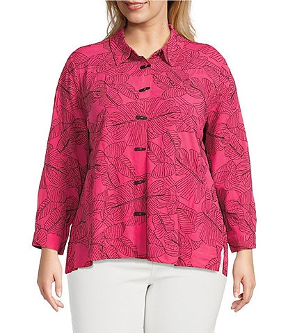 Ali Miles Plus Size Woven Allover Floral Embroidered Point Collar 3/4 Sleeve Button-Front Tunic