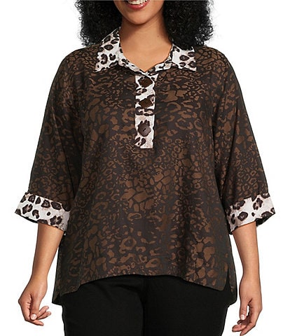 Ali Miles Plus Size Woven Animal Print Point Collar 3/4 Sleeve Contrast Trim Hi-Low Hem Tunic