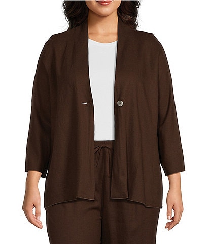 Ali Miles Plus Size Woven Band Collar 3/4 Sleeve Singe Button Front Jacket