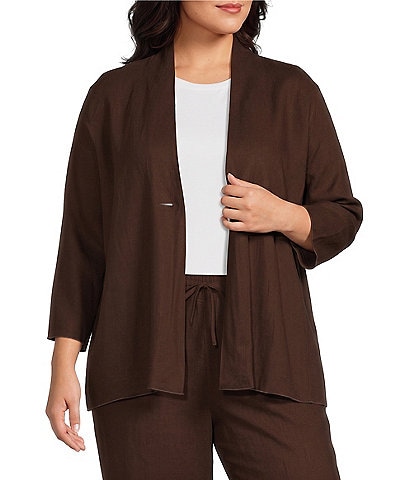 Ali Miles Plus Size Woven Band Collar 3/4 Sleeve Singe Button Front Jacket