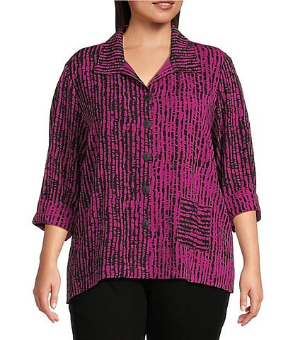 Ali Miles Plus Size Woven Black Stroke Print Point Collar 3/4 Sleeve Button Front Tunic