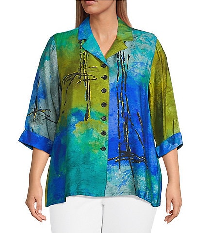 Ali Miles Plus Size Woven Color Block Print Point Collar 3/4 Sleeve Button Front Tunic