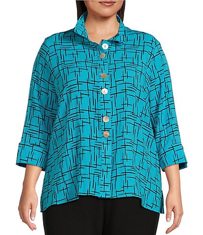 Ali Miles Plus Size Woven Crinkle Wire Collar 3/4 Sleeve Button-Front Tunic