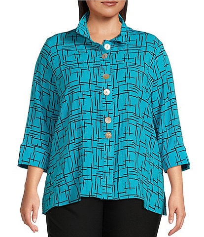 Ali Miles Plus Size Woven Crinkle Wire Collar 3/4 Sleeve Button-Front Tunic