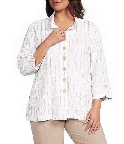 Ali Miles Plus Size Woven Dotted Stripe Wire Collar 3/4 Sleeve Button-Front Shirt