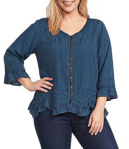 Ali Miles Plus Size Woven Embroidered Motif V-Neck 3/4 Sleeve Handkerchief Button Front Top