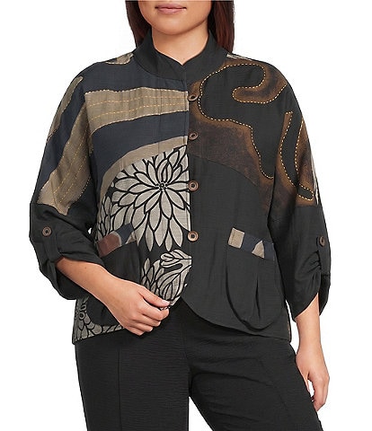 Ali Miles Plus Size Woven Embroidered Patch Stand Collar 3/4 Sleeve Tulip Hem Button Front Jacket