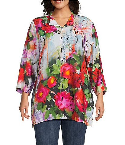 Ali Miles Plus Size Woven Floral Wire Neck 3/4 Cuff Sleeve Button-Front Tunic